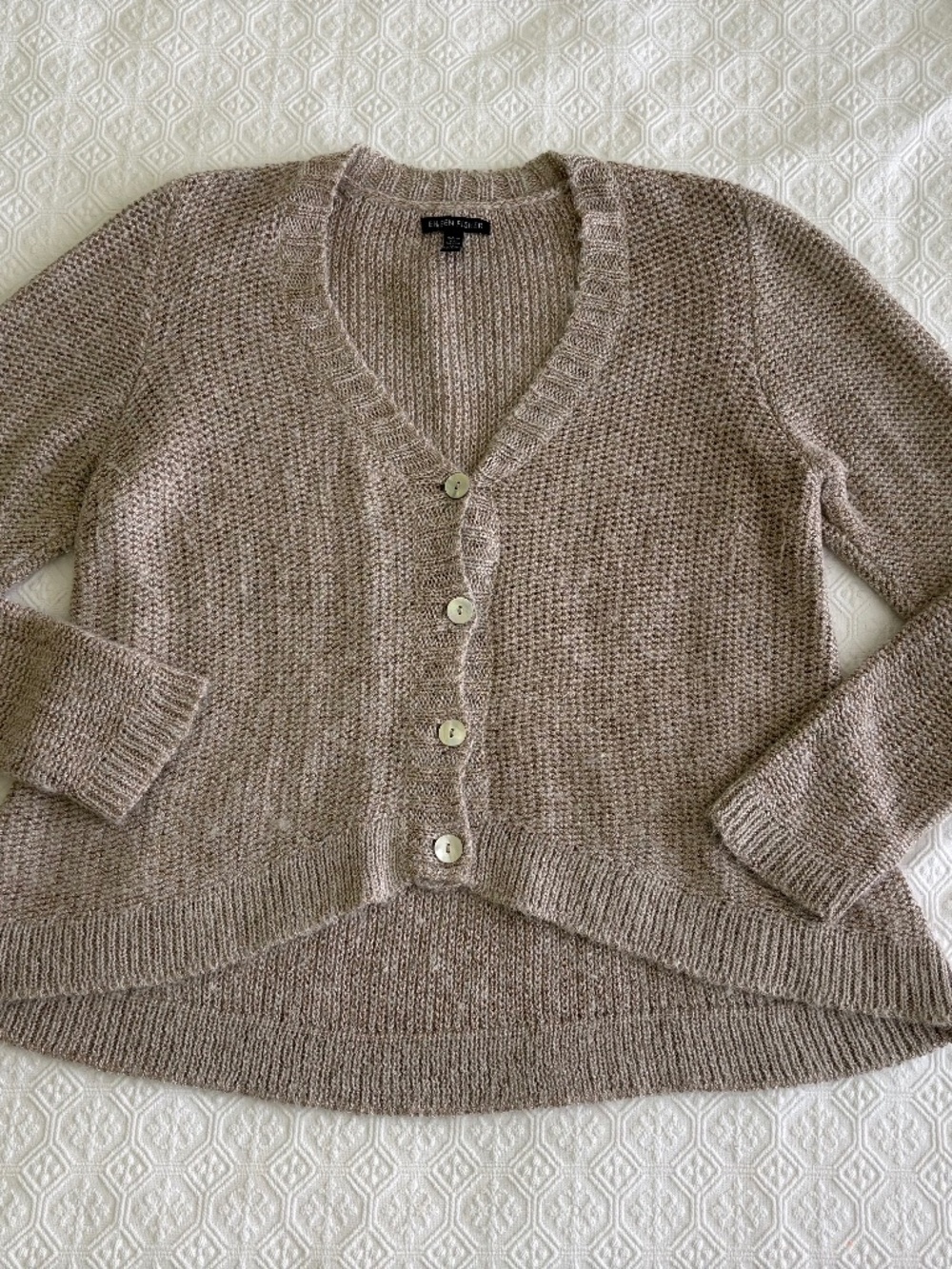 Eileen Fisher Mohair Alpaca Cardigan Maple Oat Beige M V-Neck